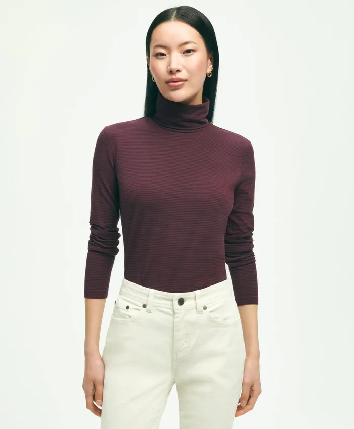 Blouses andamp Shirts Women Brooks Brothers Cotton Modal Feeder Stripe Turtleneck Navyburgundy
