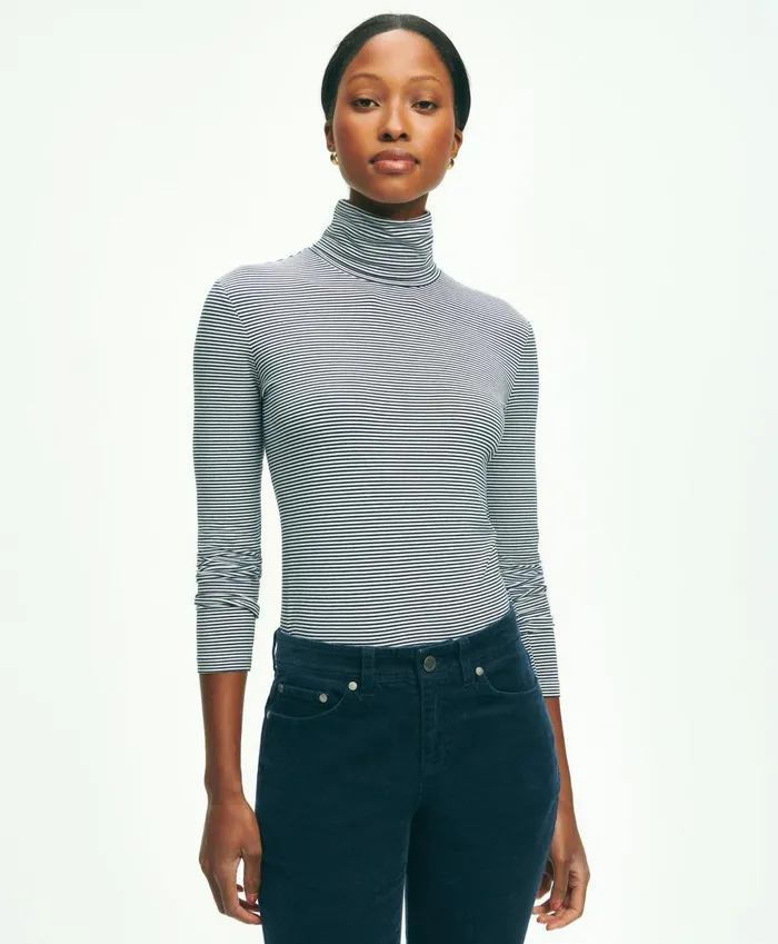 Blouses andamp Shirts Women Brooks Brothers Cotton Modal Feeder Stripe Turtleneck Navywhite