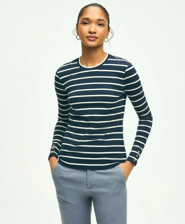 Blouses andamp Shirts Women Brooks Brothers Cotton Modal Stripe Crewneck Tee Navy Multi