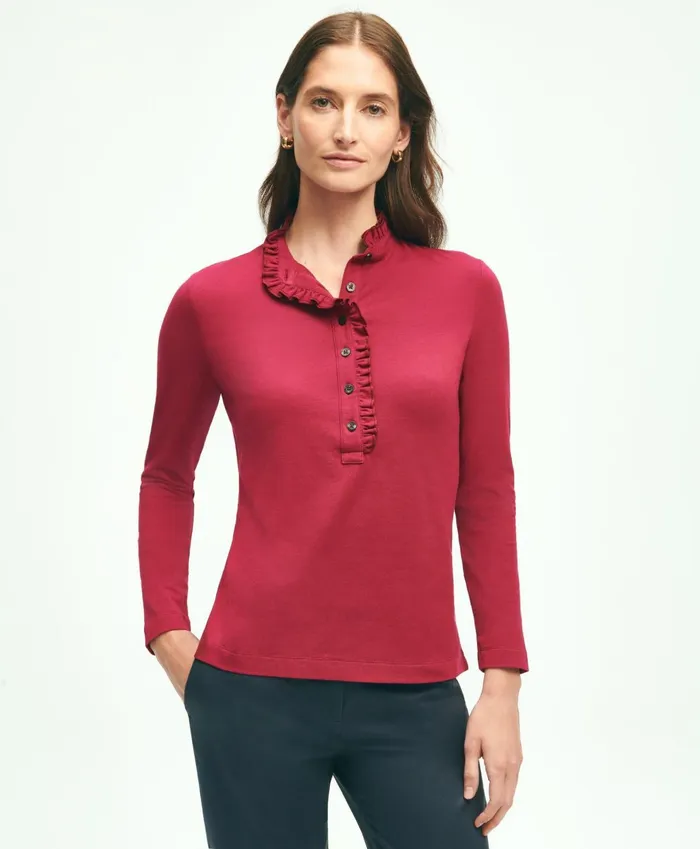 Blouses andamp Shirts Women Brooks Brothers Cotton Ruffled Henley Maroon