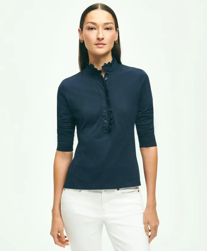 Blouses andamp Shirts Women Brooks Brothers Cotton Ruffled Henley Navy