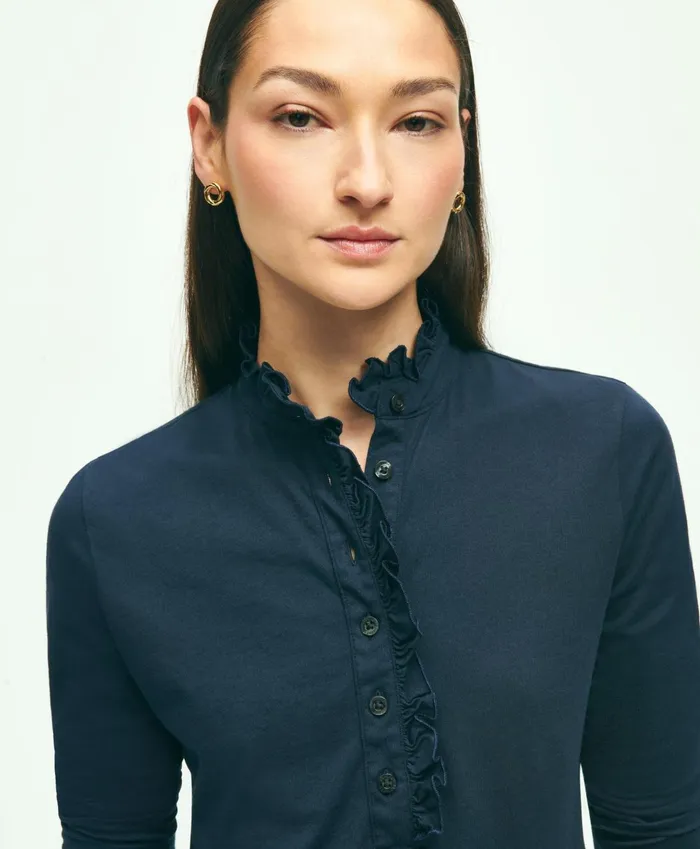 Blouses andamp Shirts Women Brooks Brothers Cotton Ruffled Henley Navy