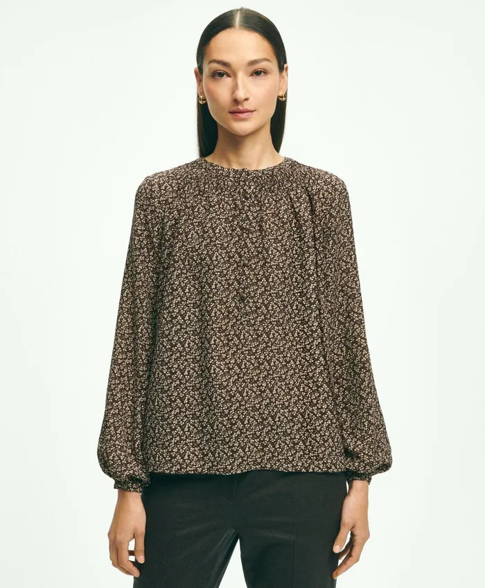 Blouses andamp Shirts Women Brooks Brothers Ditsy Print Peasant Blouse Brown Multi