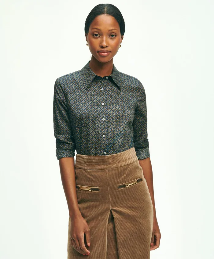 Blouses andamp Shirts Women Brooks Brothers Fitted Cotton Sateen Equestrian Print Shirt Navy Multi