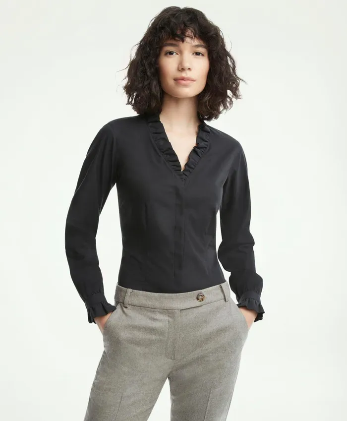 Blouses andamp Shirts Women Brooks Brothers Fitted NonIron Stretch Supima Cotton Ruffle Dress Shirt Black