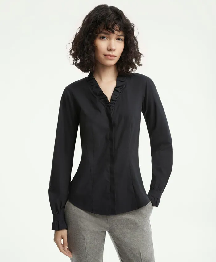 Blouses andamp Shirts Women Brooks Brothers Fitted NonIron Stretch Supima Cotton Ruffle Dress Shirt Black