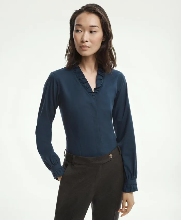 Blouses andamp Shirts Women Brooks Brothers Fitted NonIron Stretch Supima Cotton Ruffle Dress Shirt Navy