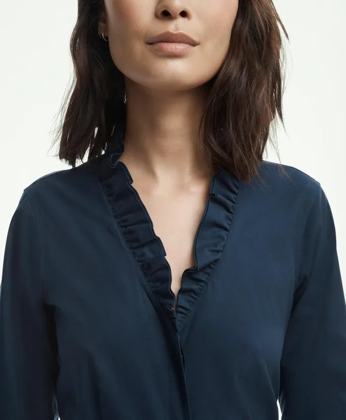 Blouses andamp Shirts Women Brooks Brothers Fitted NonIron Stretch Supima Cotton Ruffle Dress Shirt Navy
