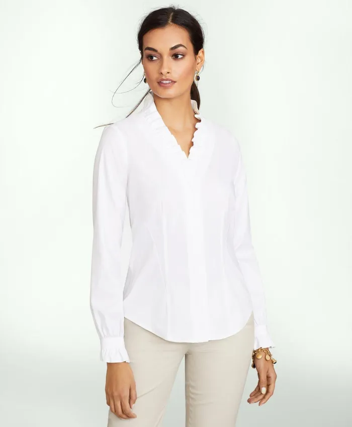 Blouses andamp Shirts Women Brooks Brothers Fitted NonIron Stretch Supima Cotton Ruffle Dress Shirt White