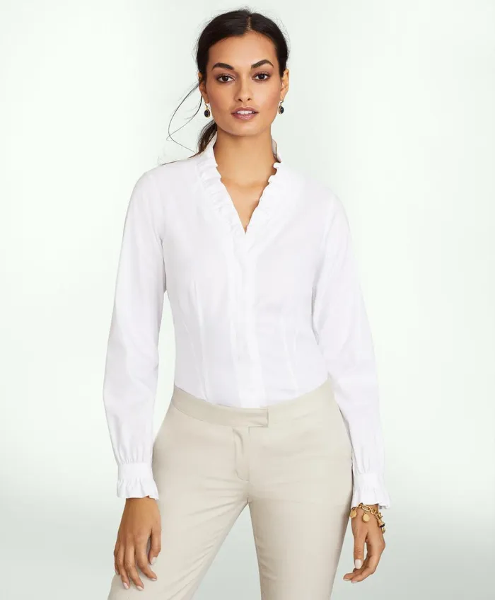 Blouses andamp Shirts Women Brooks Brothers Fitted NonIron Stretch Supima Cotton Ruffle Dress Shirt White