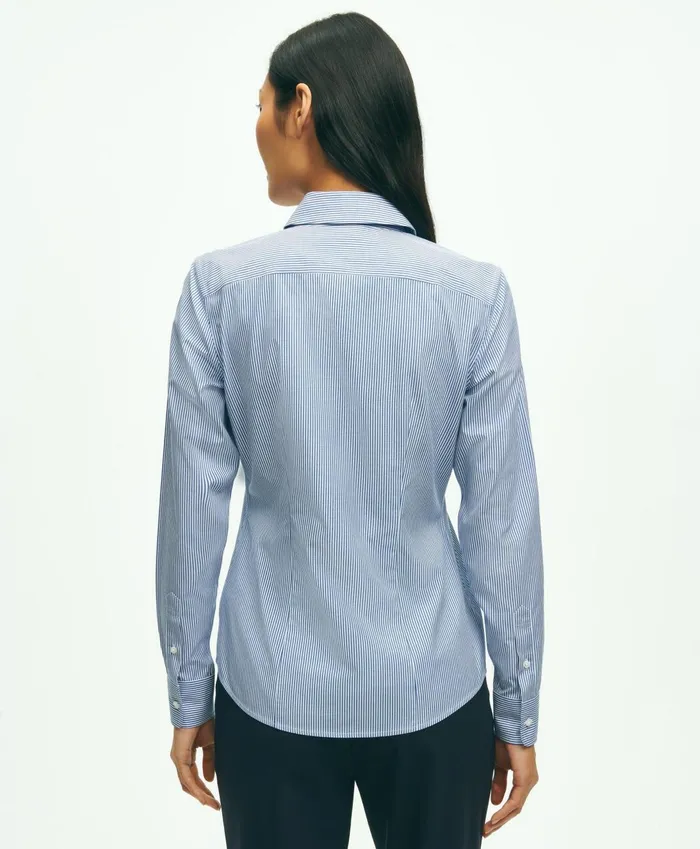 Blouses andamp Shirts Women Brooks Brothers Fitted Stretch Supima Cotton NonIron Mini Stripe Dress Shirt Bright Blue