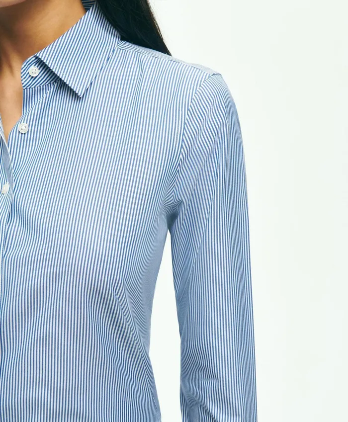 Blouses andamp Shirts Women Brooks Brothers Fitted Stretch Supima Cotton NonIron Mini Stripe Dress Shirt Bright Blue