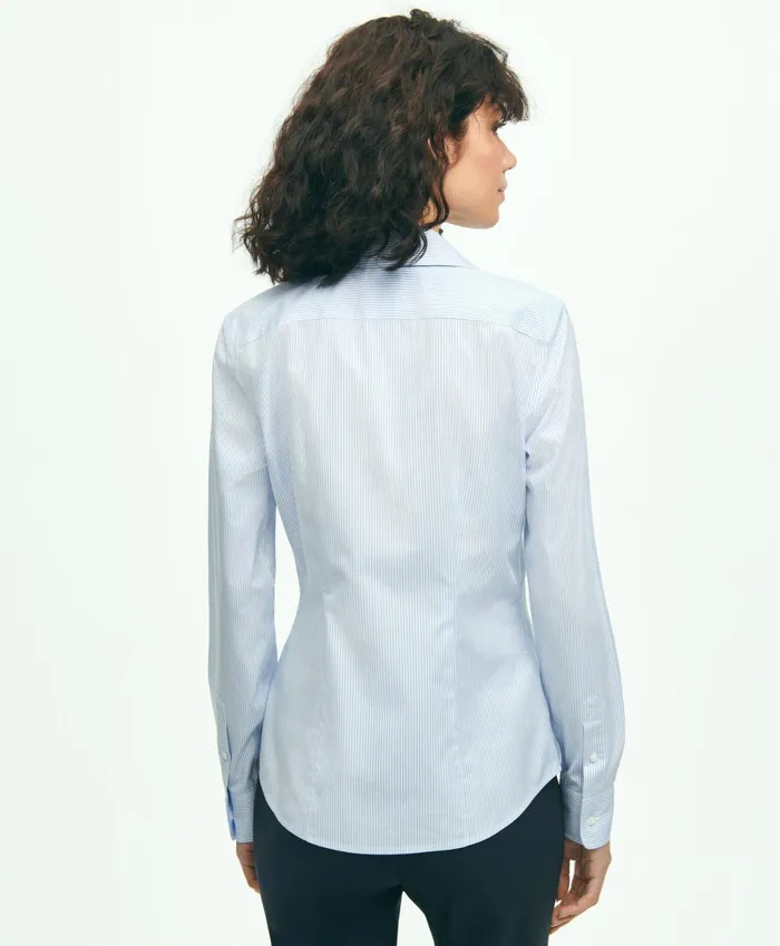 Blouses andamp Shirts Women Brooks Brothers Fitted Stretch Supima Cotton NonIron Mini Stripe Dress Shirt Light Blue