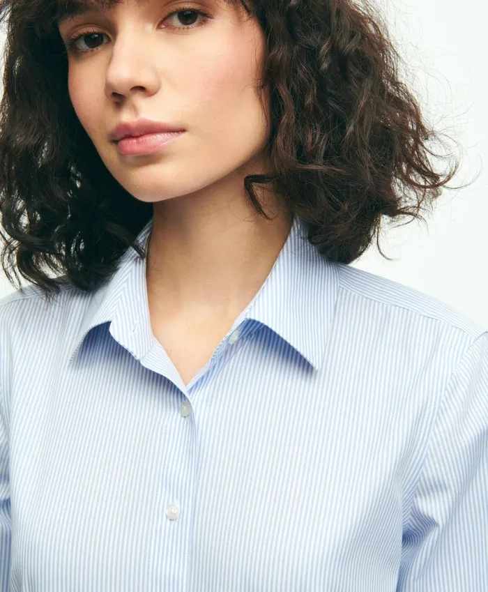 Blouses andamp Shirts Women Brooks Brothers Fitted Stretch Supima Cotton NonIron Mini Stripe Dress Shirt Light Blue