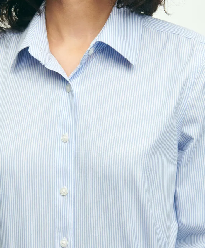 Blouses andamp Shirts Women Brooks Brothers Fitted Stretch Supima Cotton NonIron Mini Stripe Dress Shirt Light Blue