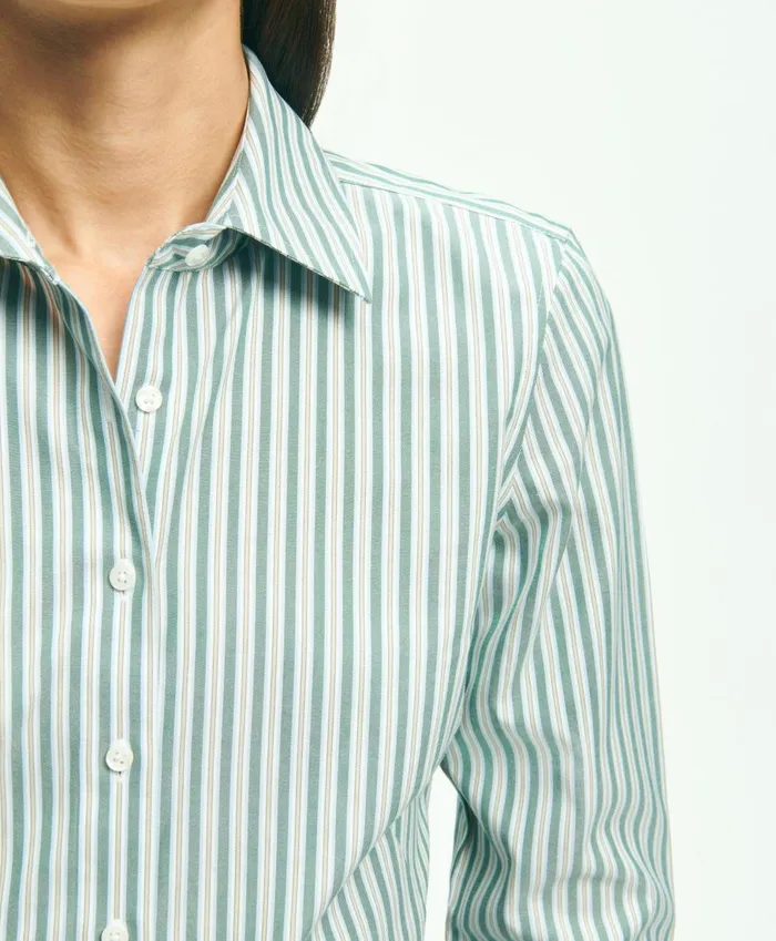 Blouses andamp Shirts Women Brooks Brothers Fitted Stretch Supima Cotton NonIron MultiStripe Dress Shirt Green