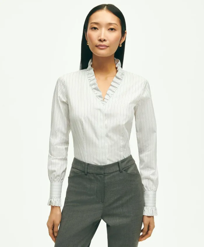 Blouses andamp Shirts Women Brooks Brothers Fitted Stretch Supima Cotton NonIron Ruffle Dress Shirt Whitegrey Blouses andamp Shirts Women Brooks Brothers Fitted Stretch Supima Cotton NonIron Ruffle Dress Shirt Whitegrey