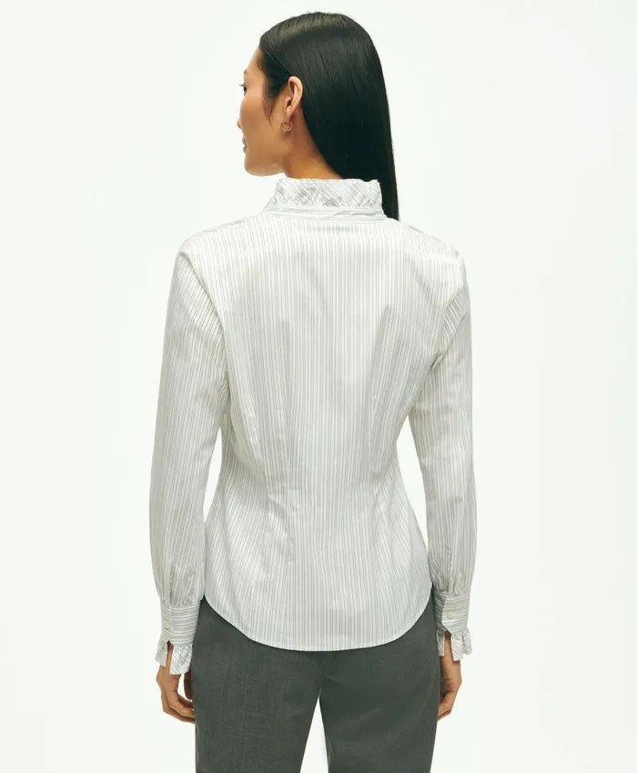 Blouses andamp Shirts Women Brooks Brothers Fitted Stretch Supima Cotton NonIron Ruffle Dress Shirt Whitegrey