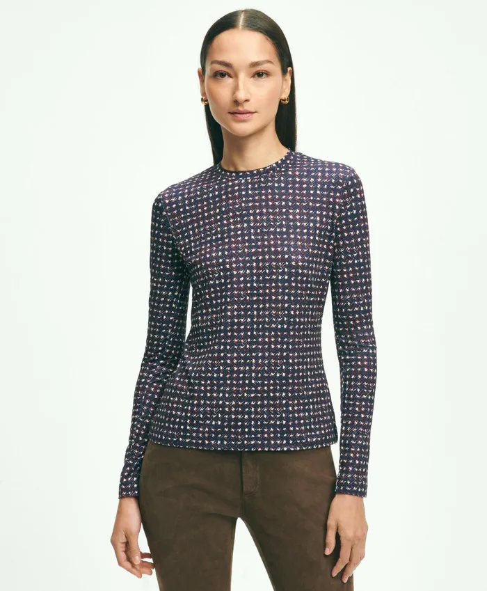 Blouses andamp Shirts Women Brooks Brothers Jersey Abstract Plaid Print LongSleeve TShirt Navy Multi