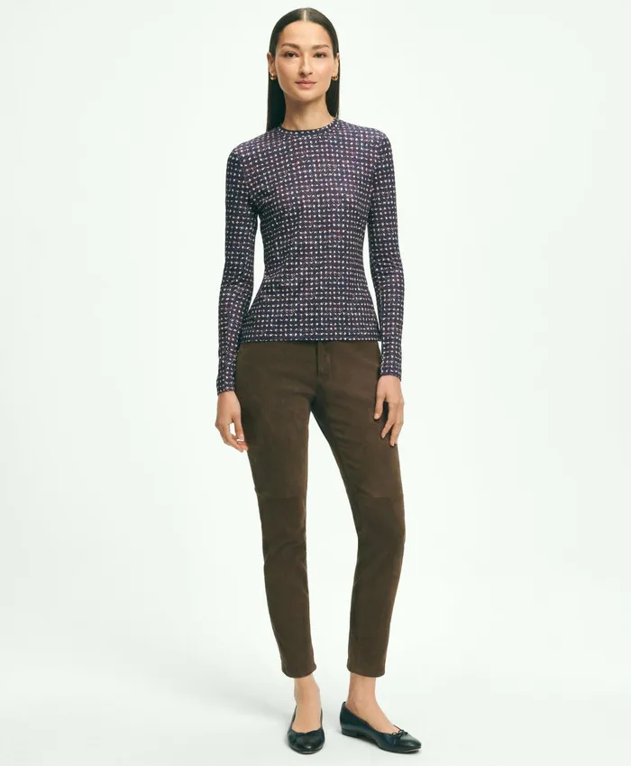 Blouses andamp Shirts Women Brooks Brothers Jersey Abstract Plaid Print LongSleeve TShirt Navy Multi