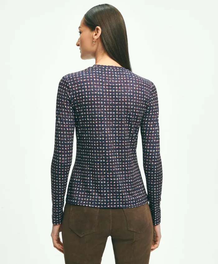 Blouses andamp Shirts Women Brooks Brothers Jersey Abstract Plaid Print LongSleeve TShirt Navy Multi