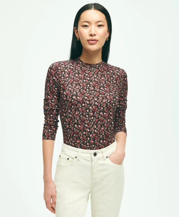 Blouses andamp Shirts Women Brooks Brothers Jersey Floral Ditsy Print LongSleeve TShirt Pink Multi