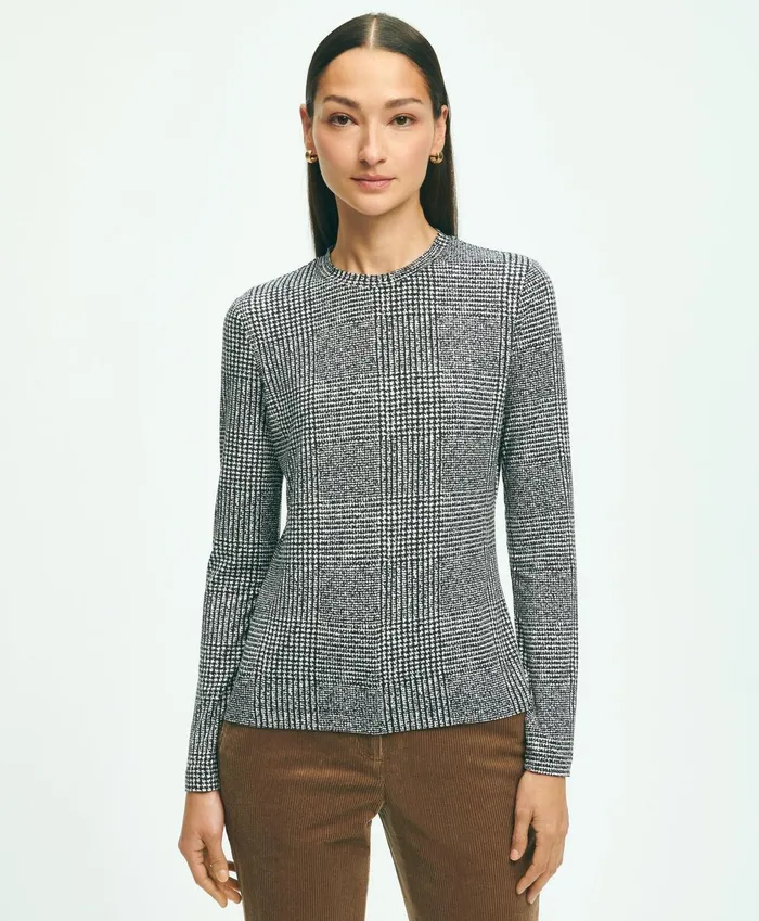 Blouses andamp Shirts Women Brooks Brothers Jersey Printed LongSleeve Glen Plaid TShirt Greymulti