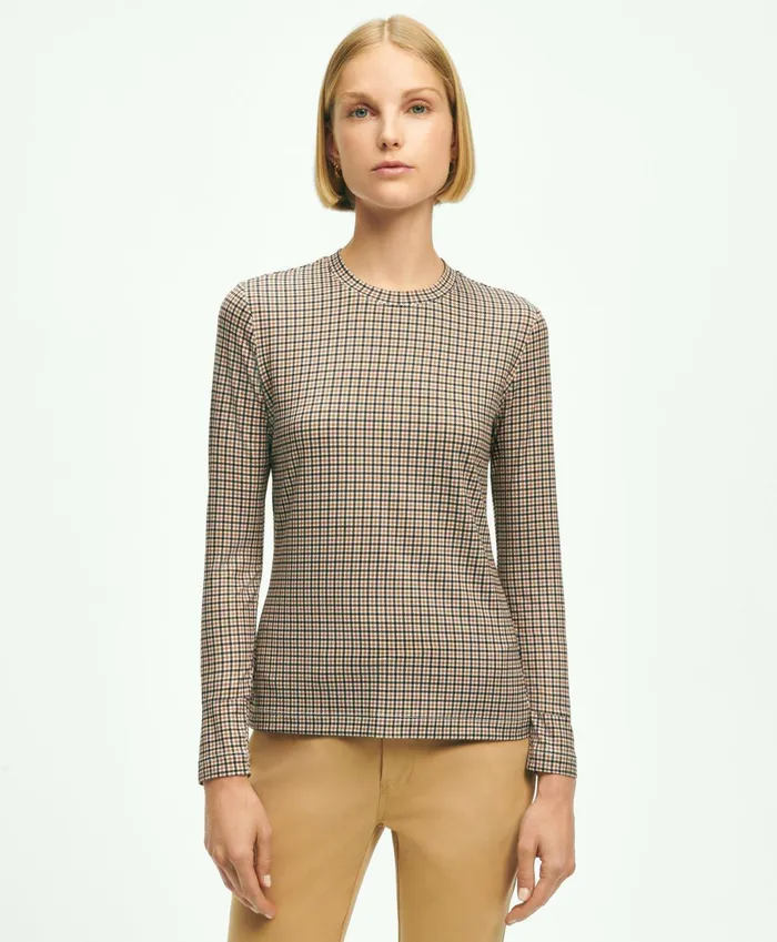 Blouses andamp Shirts Women Brooks Brothers Jersey Tattersall Print LongSleeve TShirt Brown