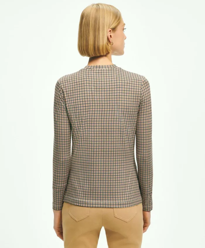 Blouses andamp Shirts Women Brooks Brothers Jersey Tattersall Print LongSleeve TShirt Brown