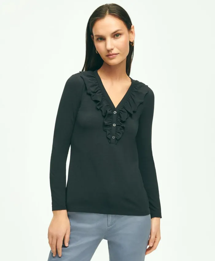 Blouses andamp Shirts Women Brooks Brothers Long Sleeve Cotton Modal Ruffled Top Black