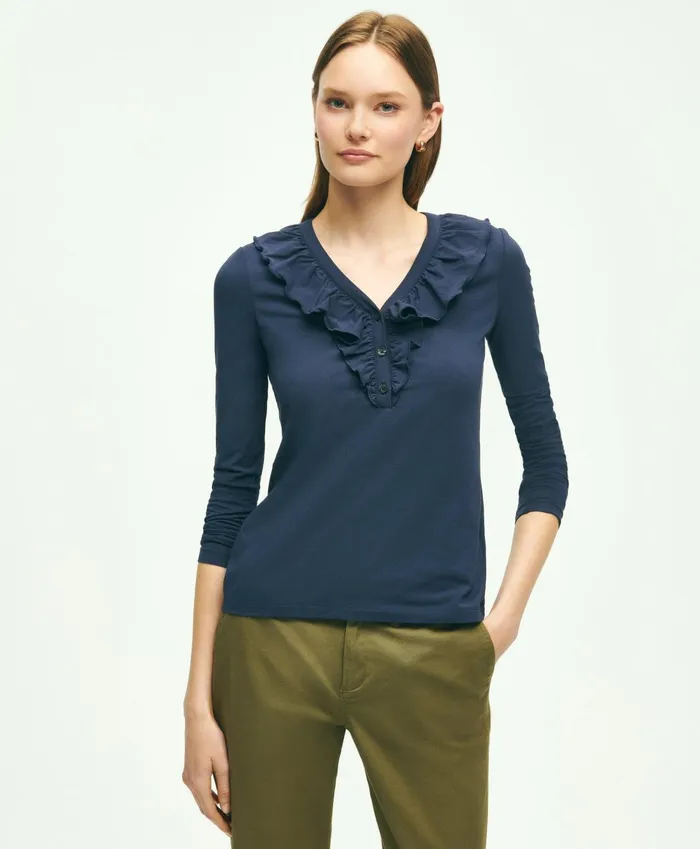 Blouses andamp Shirts Women Brooks Brothers Long Sleeve Cotton Modal Ruffled Top Navy