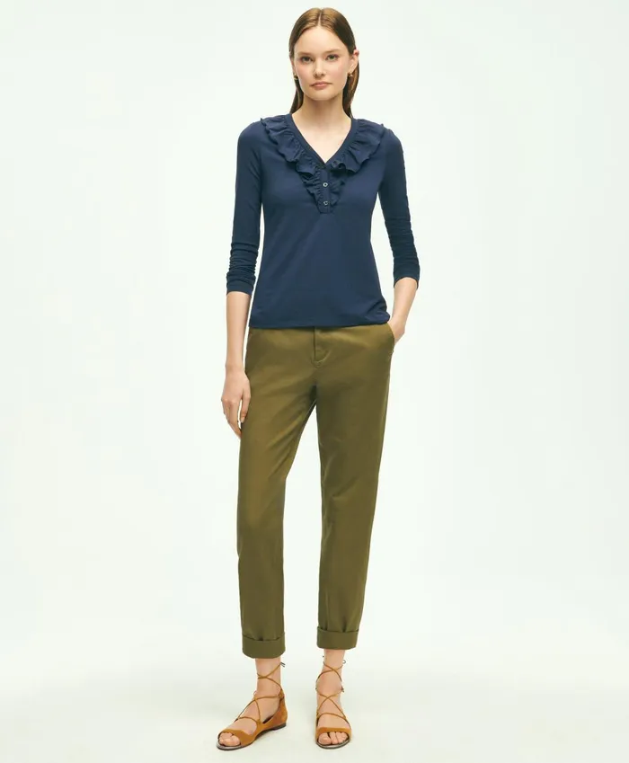 Blouses andamp Shirts Women Brooks Brothers Long Sleeve Cotton Modal Ruffled Top Navy