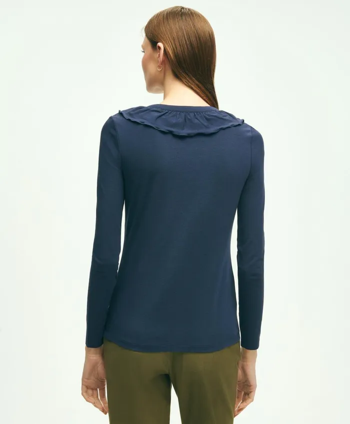 Blouses andamp Shirts Women Brooks Brothers Long Sleeve Cotton Modal Ruffled Top Navy