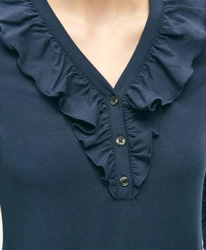 Blouses andamp Shirts Women Brooks Brothers Long Sleeve Cotton Modal Ruffled Top Navy
