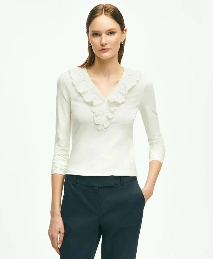 Blouses andamp Shirts Women Brooks Brothers Long Sleeve Cotton Modal Ruffled Top White
