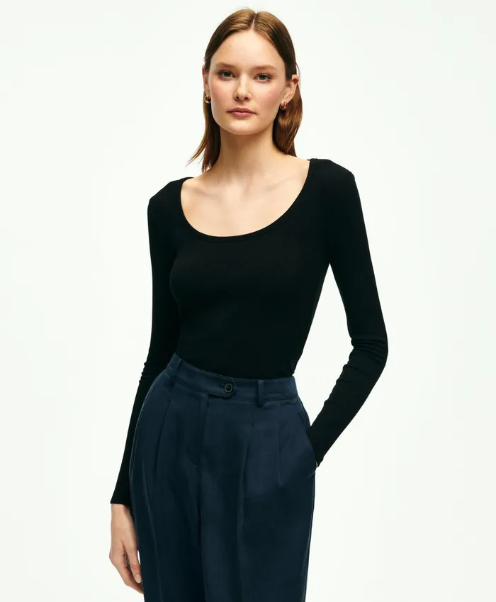 Blouses andamp Shirts Women Brooks Brothers Long Sleeve Jersey Ribbed Scoop Neck Top Black