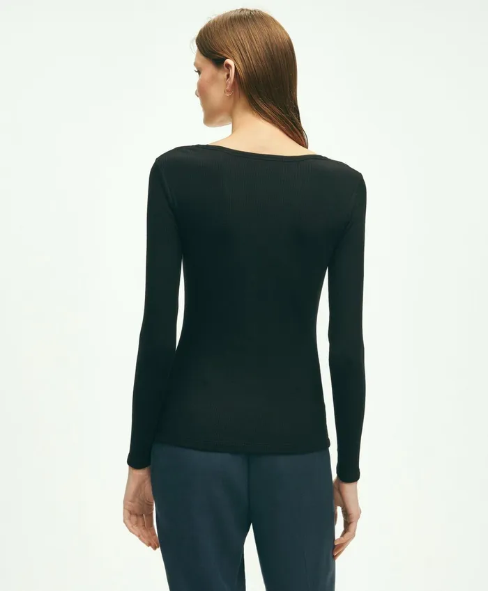 Blouses andamp Shirts Women Brooks Brothers Long Sleeve Jersey Ribbed Scoop Neck Top Black