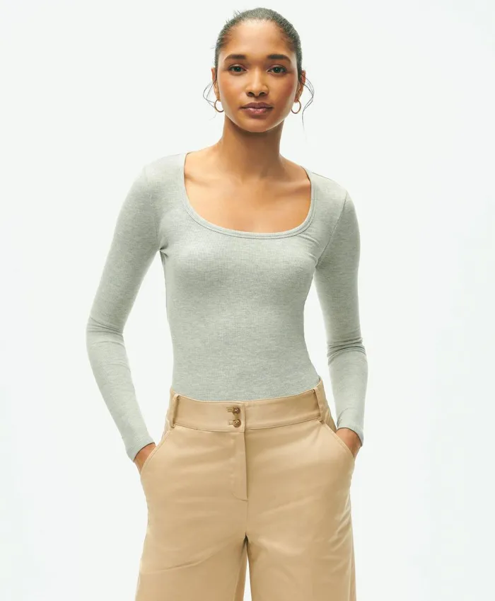 Blouses andamp Shirts Women Brooks Brothers Long Sleeve Jersey Ribbed Scoop Neck Top Light Grey Heather