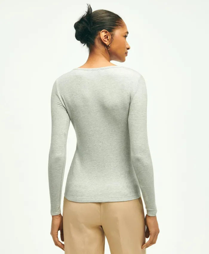 Blouses andamp Shirts Women Brooks Brothers Long Sleeve Jersey Ribbed Scoop Neck Top Light Grey Heather