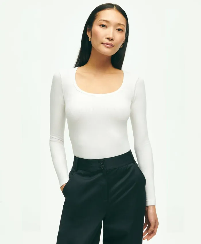 Blouses andamp Shirts Women Brooks Brothers Long Sleeve Jersey Ribbed Scoop Neck Top White