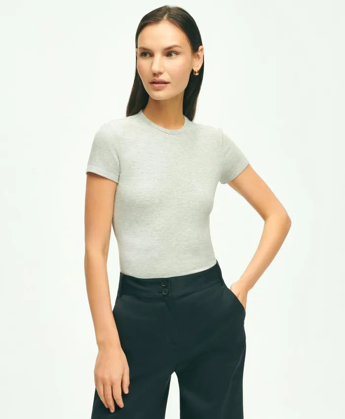 Blouses andamp Shirts Women Brooks Brothers Short Sleeve Ribbed Jersey Crewneck Tee Grey Heather