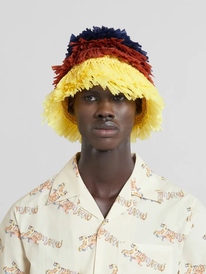 Blue Brown And Yellow Raffiaeffect Bucket Hat Men Marni Hats