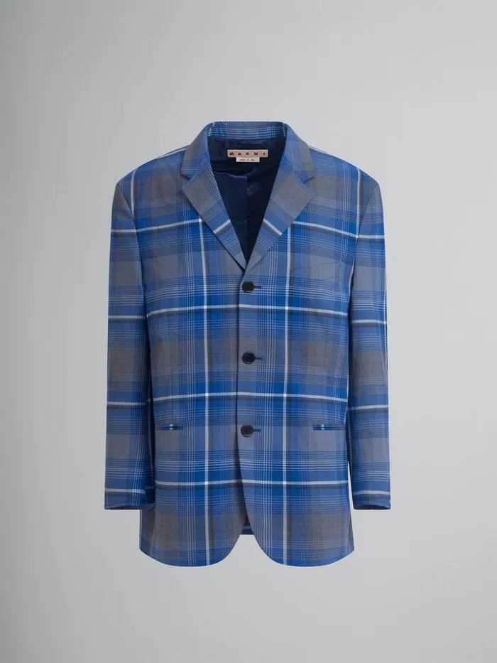 Blue Checked Virgin Wool Oversized Jacket Women Marni Coats and Jackets
