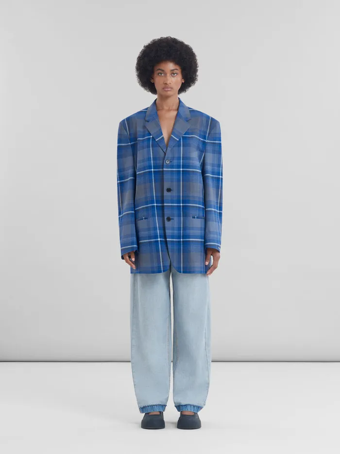 Blue Checked Virgin Wool Oversized Jacket Women Marni Coats and Jackets