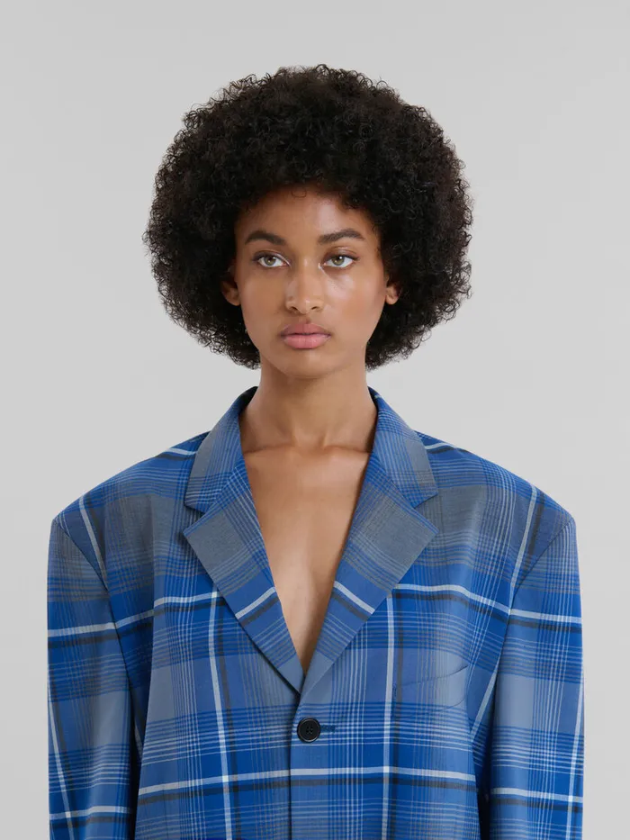 Blue Checked Virgin Wool Oversized Jacket Women Marni Coats and Jackets