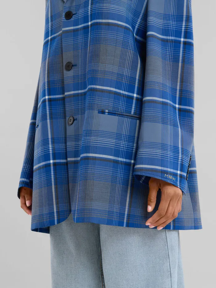 Blue Checked Virgin Wool Oversized Jacket Women Marni Coats and Jackets