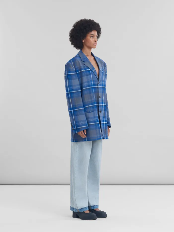 Blue Checked Virgin Wool Oversized Jacket Women Marni Coats and Jackets