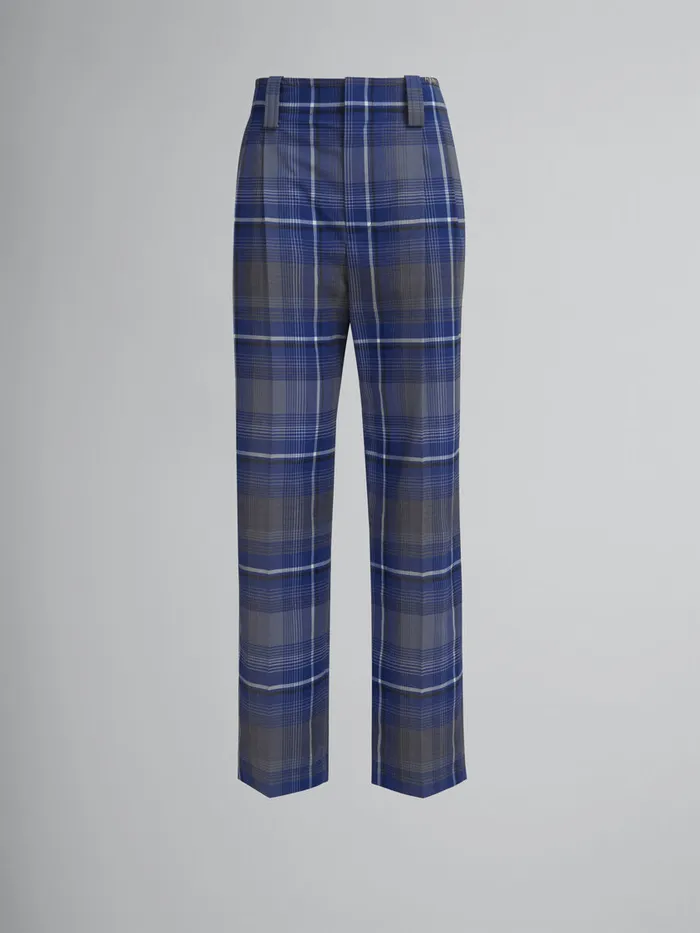 Blue Checked Virgin Wool Pleated Trousers Women Marni Pants