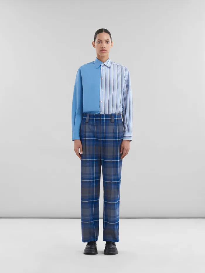 Blue Checked Virgin Wool Pleated Trousers Women Marni Pants