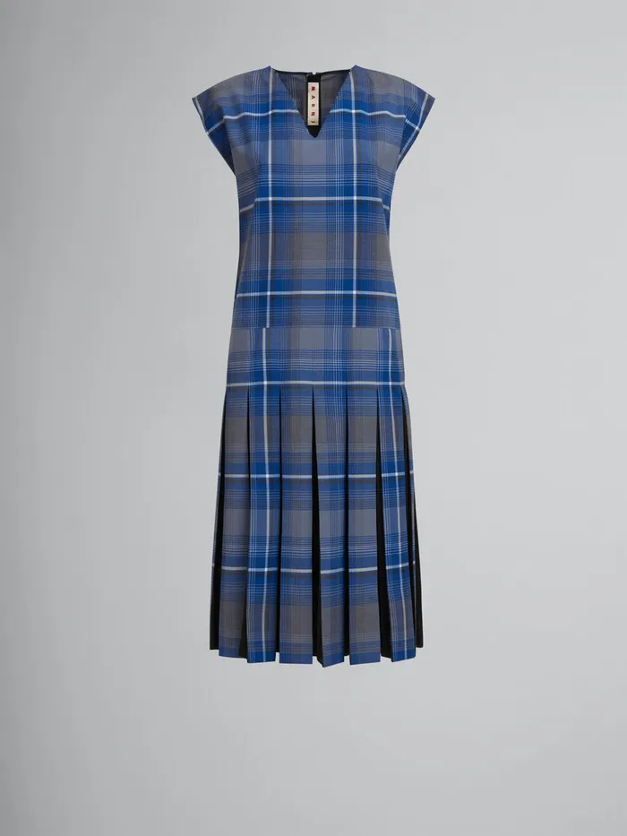Blue Checked Wool Blend Dress With Contrast Pleats Women Marni Dresses